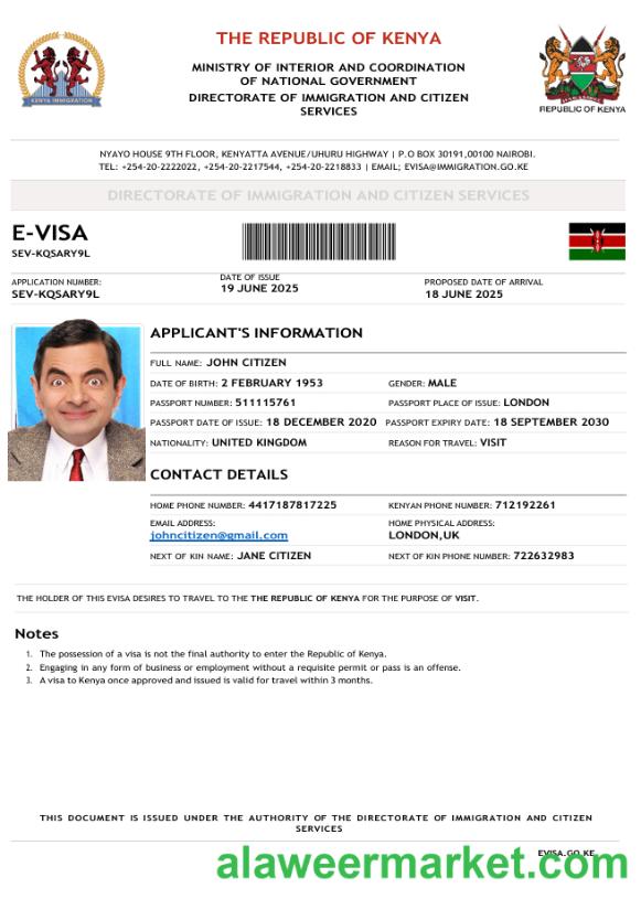 Kenya e-visa template in Word and PDF formats